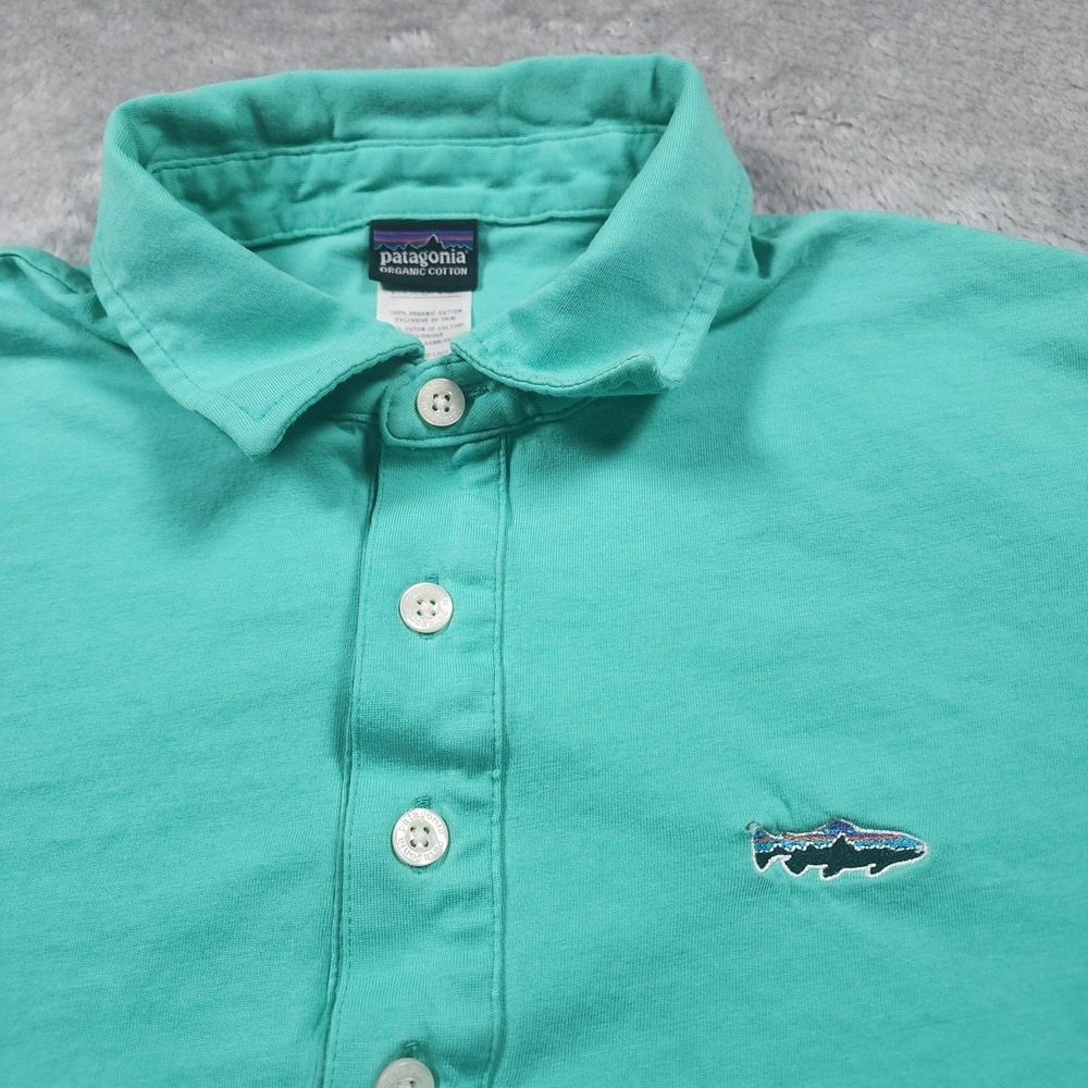 Patagonia Trout Fitz Roy Polo Shirt Mens Medium Green Organic Cotton Summer - Picture 4 of 10